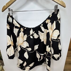 Cynthia Rowley Blouse Cropped Top Women's XS Black Floral Linen Off Shoulder‎